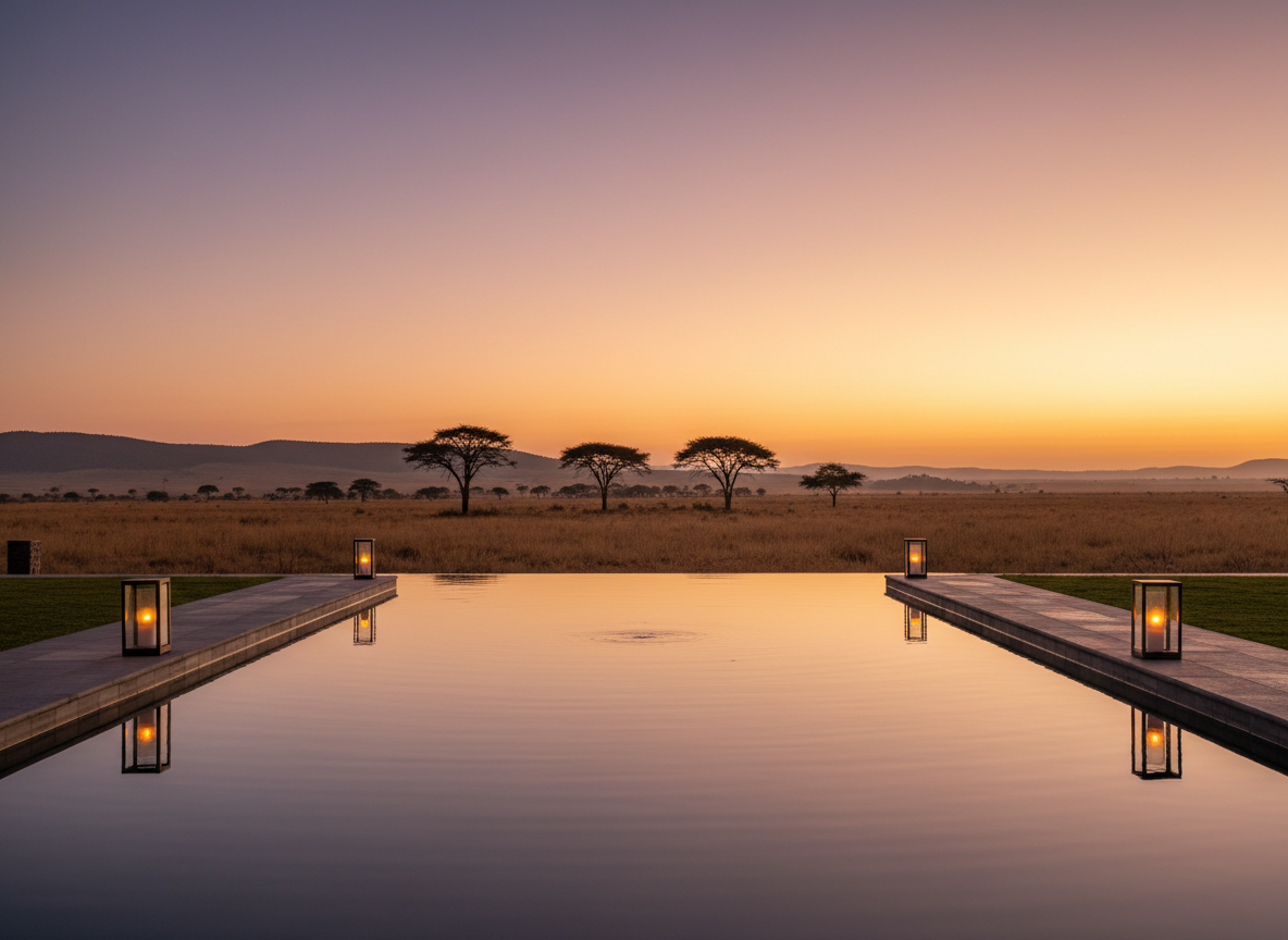 A tranquil infinity pool at a boutique lodge seamlessly merging with the surrounding Kenyan landscape at sunset. The water’s surface reflects the coral and lavender hues of the sky like polished glass, gently disturbed by subtle ripples at the edge. Slim, dark stone tiles frame the pool, leading the eye toward a distant line of acacia trees and softly rolling hills. Lanterns with warm amber light are placed symmetrically along the poolside, their reflections shimmering in the water. Captured from a low angle at pool level, the image emphasizes the horizon line where pool and savanna meet. The mood is meditative and refined, with golden hour side lighting creating a peaceful, almost ethereal glow. Photographic realism and a clean, modern composition express serenity, healing, and timeless elegance.