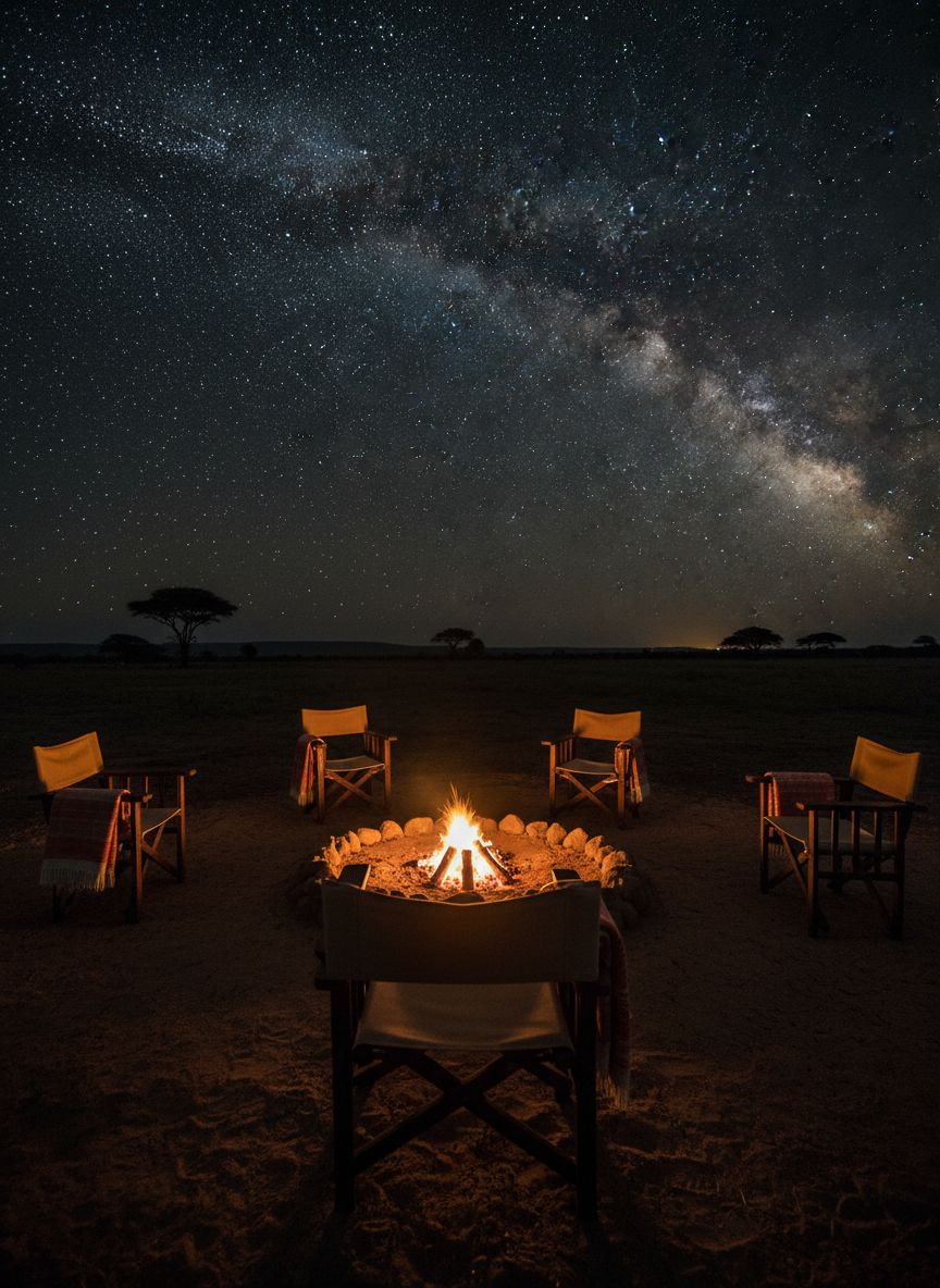 A night-time scene of a private firepit circle on the open Kenyan plains, created with smooth, dark stones enclosing softly glowing embers and a gentle, dancing flame. Surrounding the fire are low, canvas-covered safari chairs left empty, each with a rolled wool blanket in muted terracotta and sand colors resting on the seat. Beyond the circle, the vast savanna stretches into darkness, under a dazzling, star-filled sky with the Milky Way clearly visible as a silvery ribbon. The primary light source is the warm, golden firelight, casting dramatic yet tender shadows on the ground and chairs, while faint starlight outlines the horizon. Shot from a low angle positioned just outside the circle, the composition feels intimate yet expansive. The photographic, cinematic style conveys sacred stillness, reflection, and the profound sense of being held by the night.