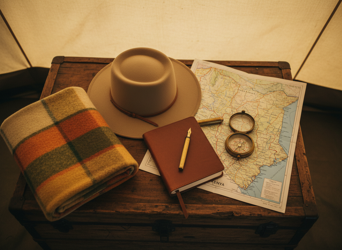 A close-up of a carefully curated safari essentials arrangement laid out on a rustic wooden trunk inside a canvas tent. A sand-colored wide-brimmed hat, a high-quality leather-bound notebook with a fountain pen, a detailed topographic map of Kenya, and a compact vintage brass compass form the central composition. Beside them, a folded lightweight blanket in earthy tones adds texture. Soft, diffused daylight filters through the beige tent canvas, creating a warm, cocoon-like atmosphere with gentle, velvety shadows. Shot from directly above in a balanced, rule-of-thirds composition, every object is in crisp focus, highlighting textures of leather, paper, and fabric. The photographic, minimalist aesthetic conveys intention, introspection, and the idea of a journey that is both outward into nature and inward into the self.