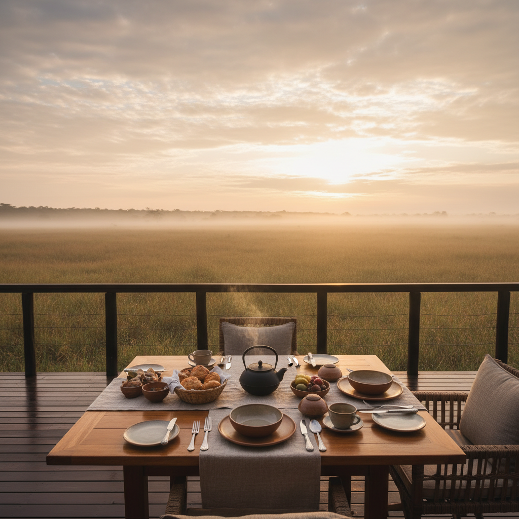 A secluded luxury tented camp terrace overlooking the Kenyan savanna at dawn, with a meticulously set wooden breakfast table facing a sweeping horizon. On the table, fine stoneware dishes, a linen table runner in muted sand tones, and a cast-iron teapot releasing delicate steam create a sense of refined comfort. Beyond the terrace’s dark wooden railing, soft morning mist hangs above tall, amber grass. Diffused sunrise light bathes the scene in subtle peach and pale gold hues, creating gentle reflections on the tableware. Photographed from a slightly elevated angle with the table in the foreground and the endless landscape beyond, the scene feels serene, contemplative, and inviting, rendered in clean, photographic realism that emphasizes quiet luxury and intimate connection to the wild.