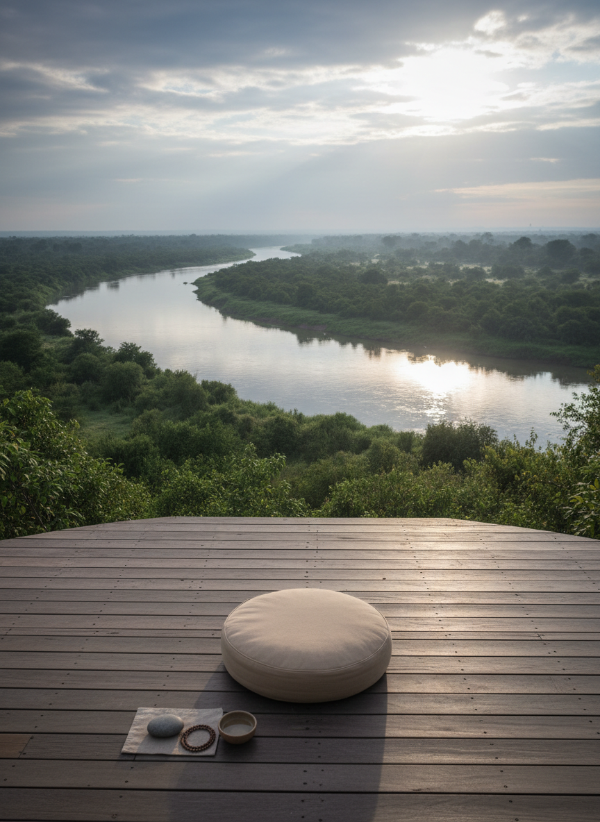 A serene meditation deck elevated above a Kenyan riverbank, constructed from smooth, weathered wooden planks in muted grey-brown tones. At the center lies a single sand-colored meditation cushion aligned with the distant horizon where the river curves through lush, deep-green vegetation. A minimal altar at the edge of the deck holds a single stone, a small bowl of water, and a simple wooden mala resting in a coil. Soft early-morning light filters through sparse clouds, casting translucent reflections on the water and delicate shadows across the deck flooring. Captured from a wide, slightly elevated angle with the cushion in the foreground and the winding river leading the eye into the distance, the photographic realism and restrained composition evoke silence, introspection, and an invitation to reconnect with breath, body, and the living landscape.