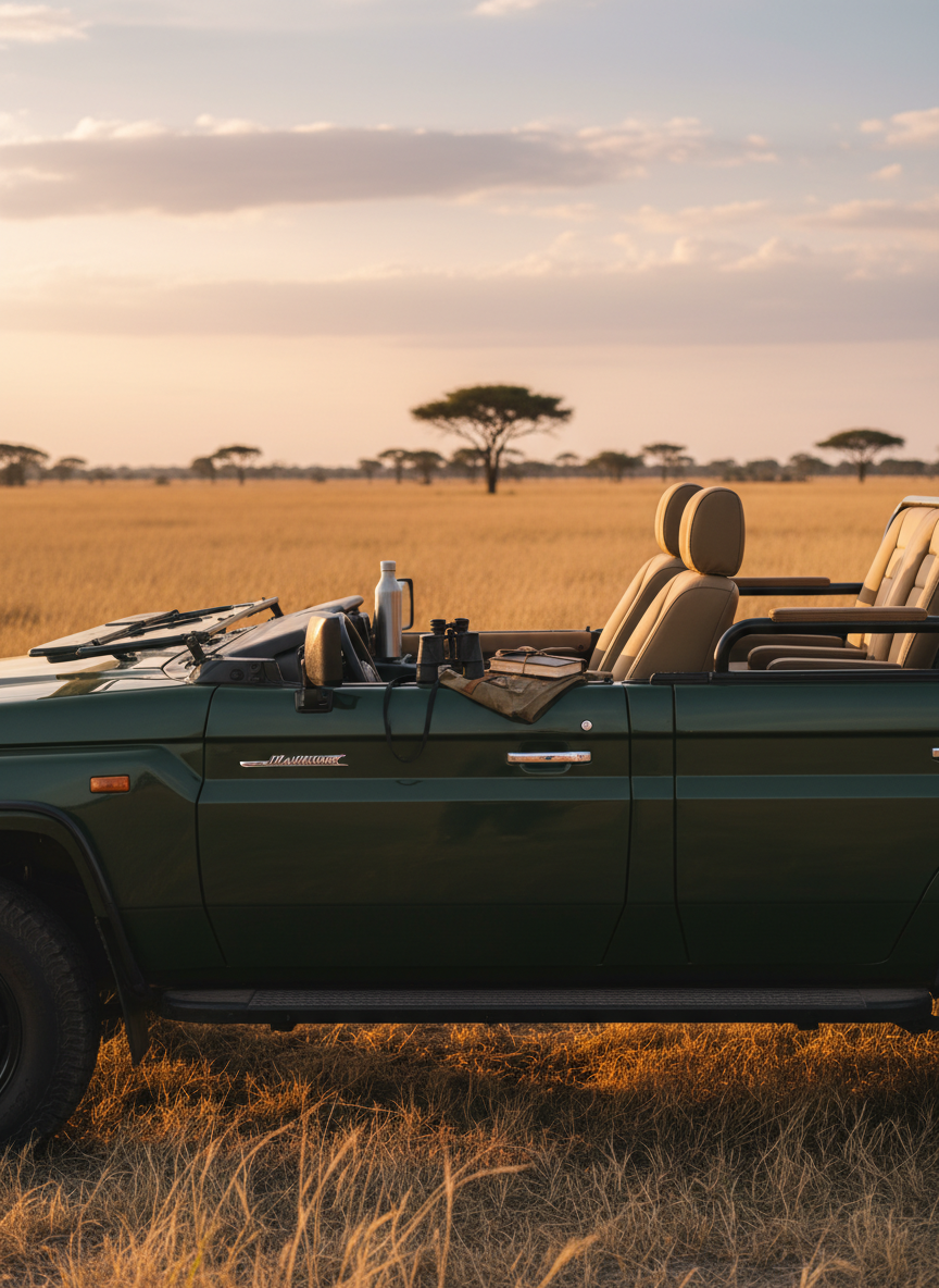 A luxurious open-roof safari vehicle parked on a golden savanna clearing, its dark green bodywork and tan leather seats gleaming subtly in the late afternoon light. A pair of elegant binoculars and a weathered canvas field journal rest on the central console, beside a stainless-steel water bottle. In the distance, acacia trees punctuate the horizon beneath a vast pastel sky. The warm golden hour sunlight wraps everything in a soft glow, casting elongated, tranquil shadows. Captured at eye level from the side with a shallow depth of field, the vehicle interior is in sharp focus while the landscape melts into a gentle bokeh. The photographic realism and sophisticated, minimalist composition evoke calm, anticipation, and an intimate connection with nature.