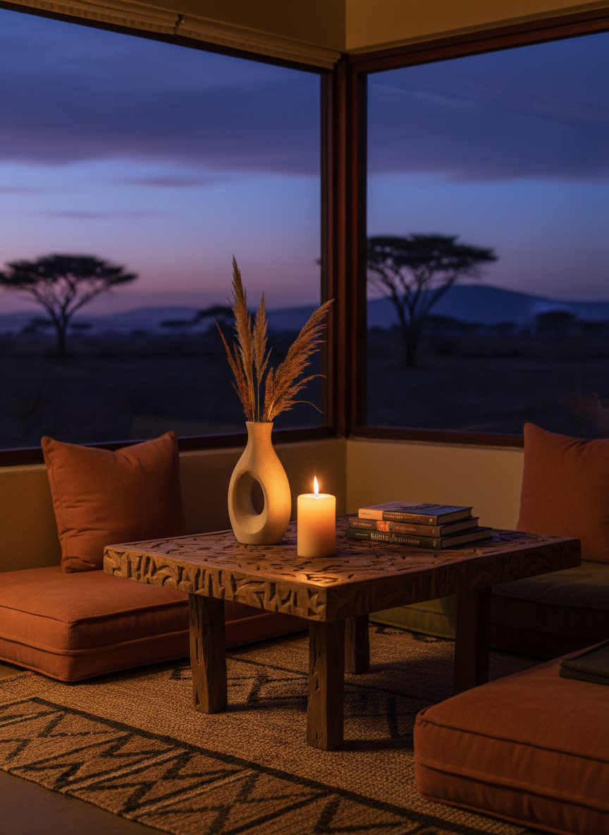 An intimate, dimly lit lodge lounge corner featuring a low, hand-carved wooden coffee table framed by plush, earth-toned cushions and woven sisal rugs. On the table rests a single, sculptural ceramic vase holding a few dried grasses, a small stack of thoughtfully chosen travel books about Kenya’s landscapes, and a lit beeswax candle casting a soft, flickering glow. Behind, a large open window reveals a darkening savanna silhouette beneath a deep indigo sky. Warm, indirect lamp light mixes with the faint remaining twilight, producing gentle highlights on the wood grain and ceramic surface. Photographed at eye level with a shallow depth of field, the table vignette is in sharp focus while the outside world blurs into an atmospheric backdrop. The overall aesthetic is sophisticated and contemplative, evoking retreat, inner stillness, and a sense of returning home to oneself.